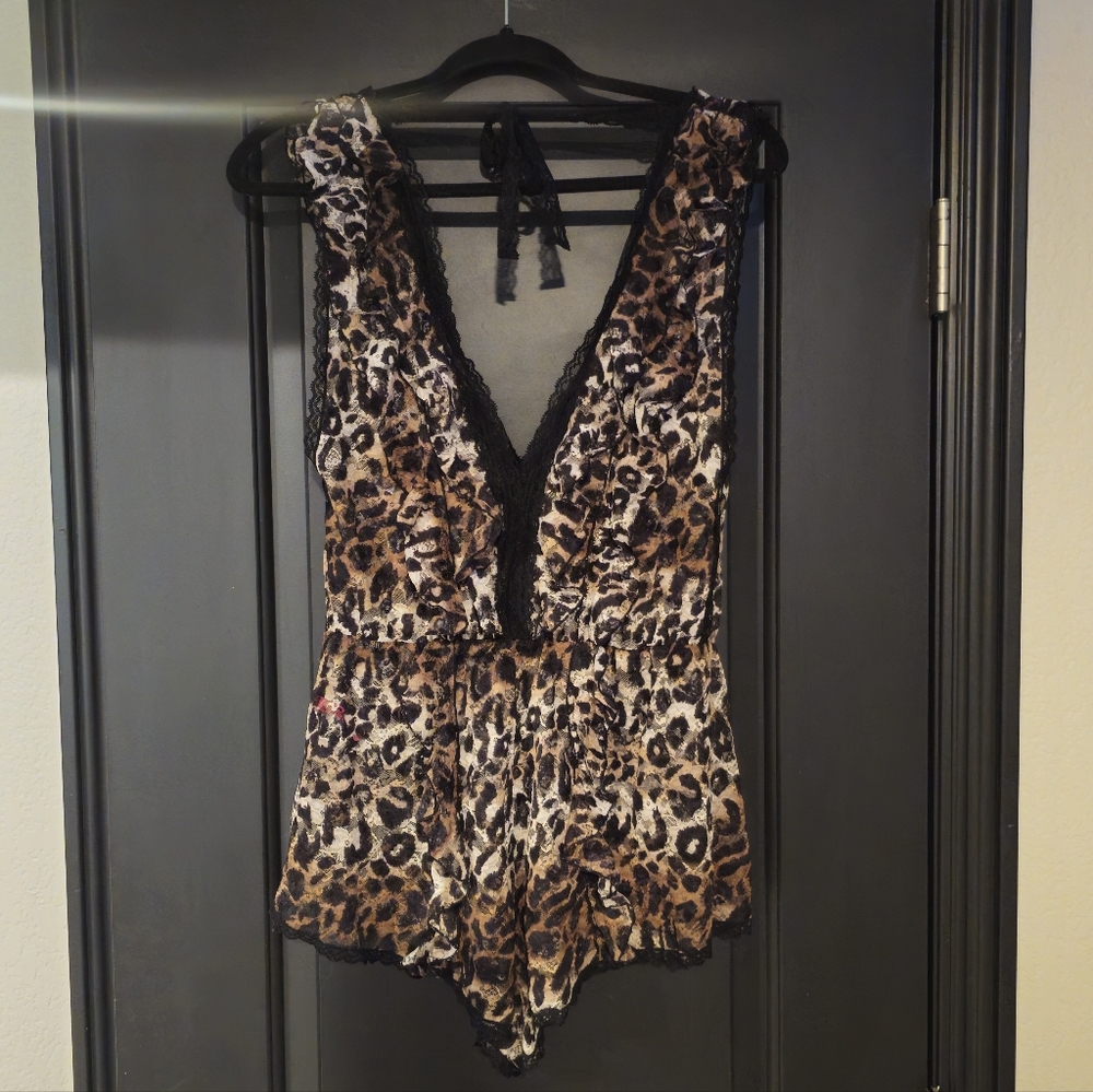 Leopard Print Lace Trim Romper Teddy